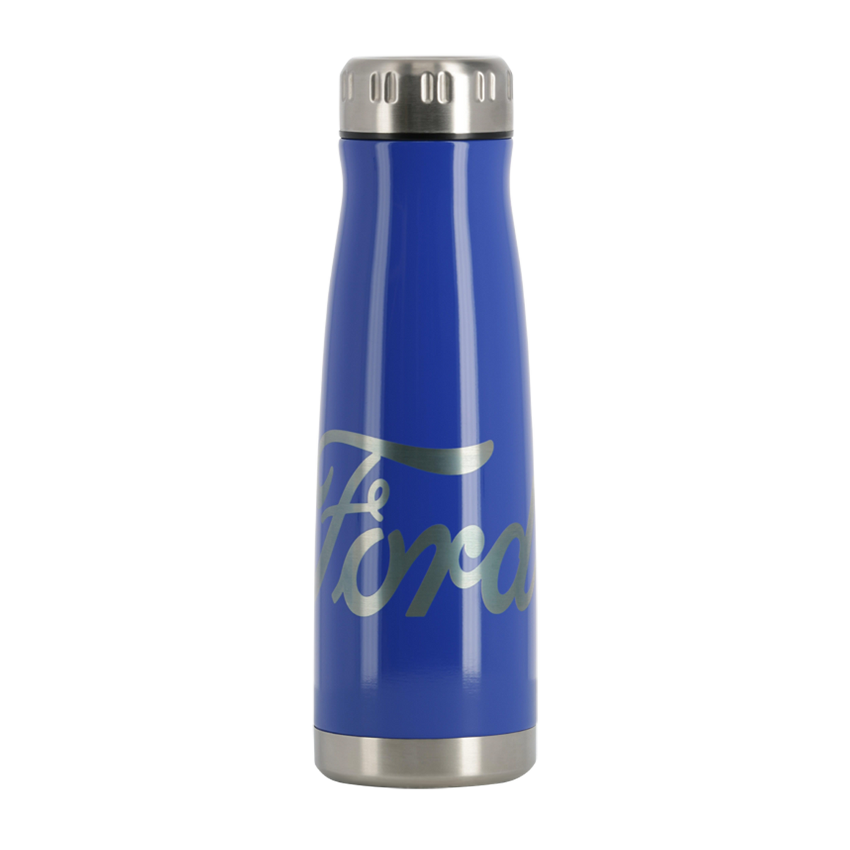 Blue thermos with silver Ford logo on a white background