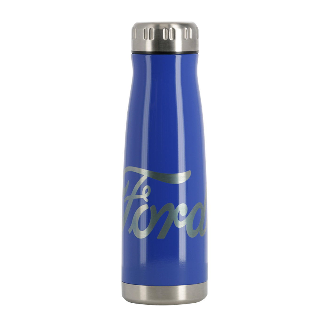 Blue thermos with silver Ford logo on a white background