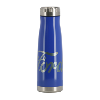 Blue thermos with silver Ford logo on a white background