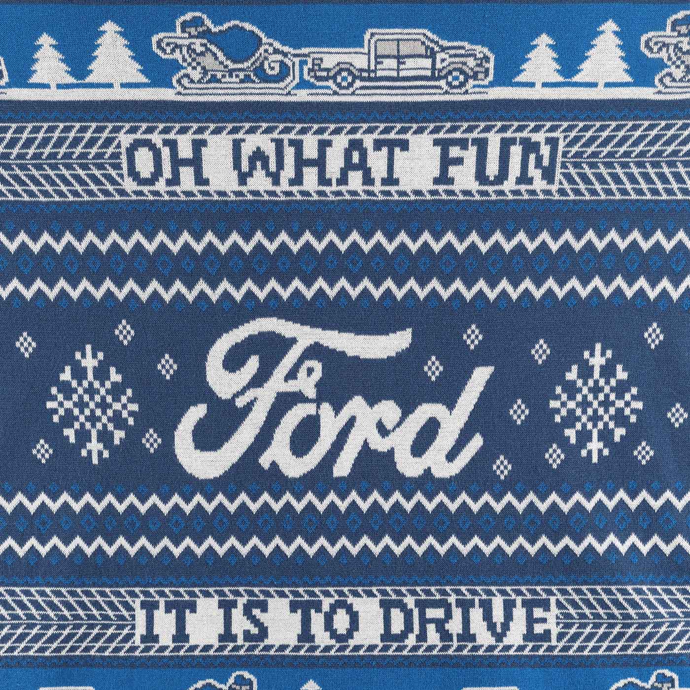 Blue fabric with white Christmas-themed pattern featuring 'Ford' and text.