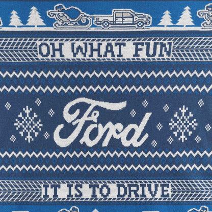 Blue fabric with white Christmas-themed pattern featuring 'Ford' and text.