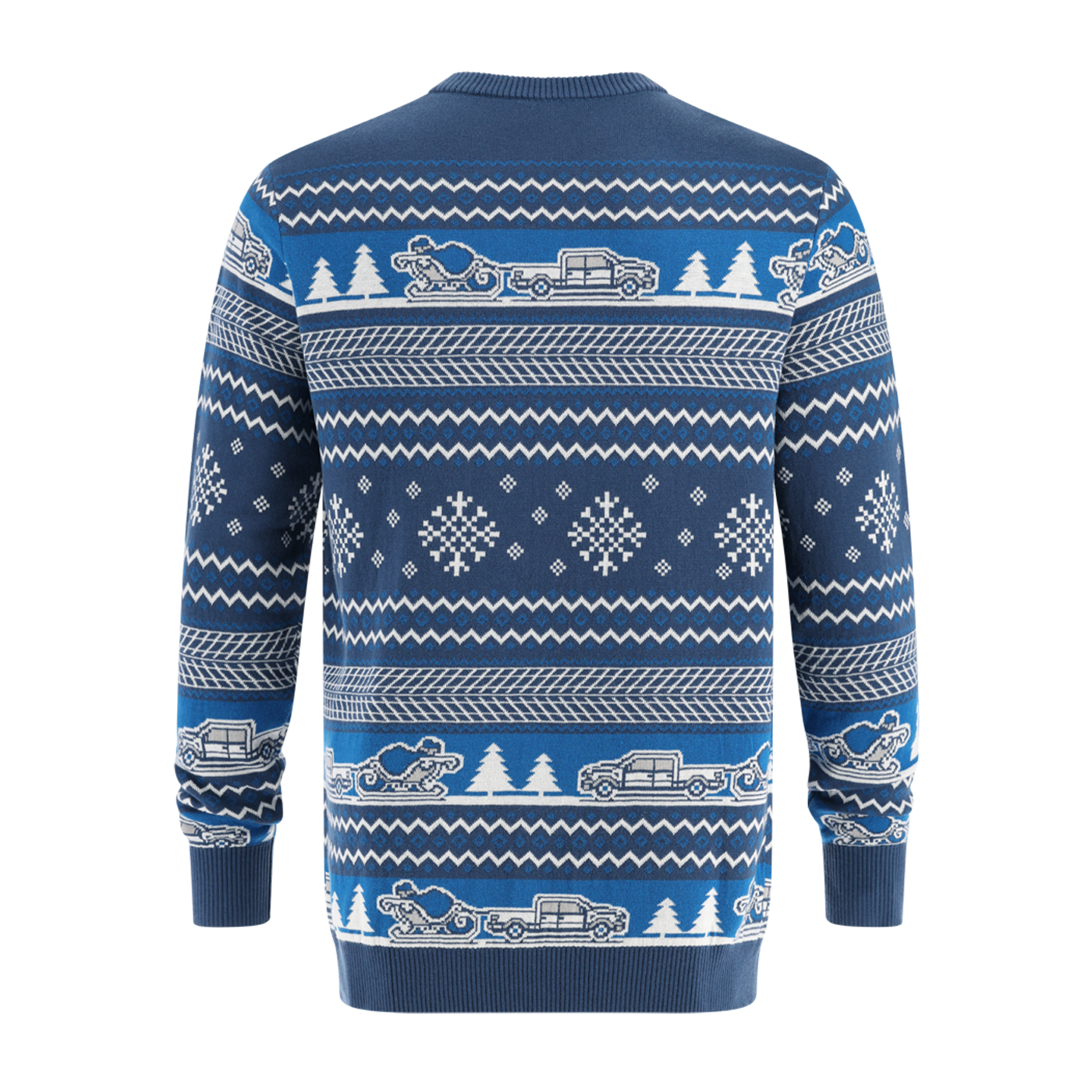 Blue sweater with white pattern on a white background
