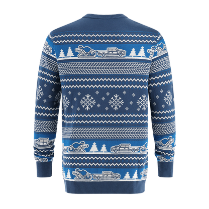 Blue sweater with white pattern on a white background