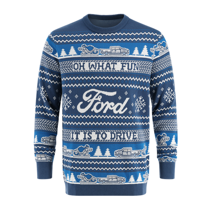 Blue sweater with white text and graphics on a white background
