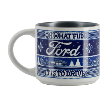Mug with Ford logo and winter-themed design on a white background