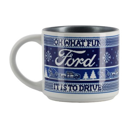 Mug with Ford logo and winter-themed design on a white background