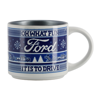 White mug with blue pattern and Ford logo on a white background oh what fun it is to drive