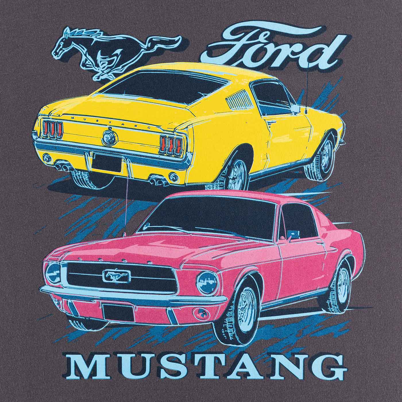 close up of classic pink and yellow mustangs with blue outlined "Ford Mustang" script and pony logo on gray background