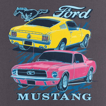 close up of classic pink and yellow mustangs with blue outlined "Ford Mustang" script and pony logo on gray background