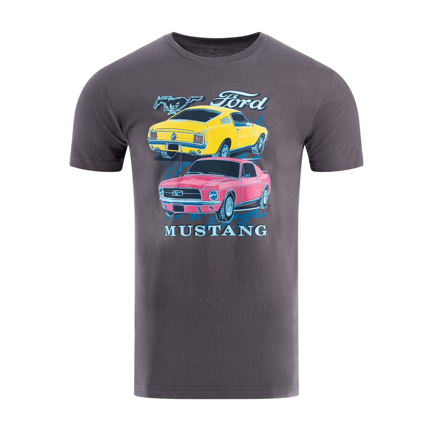 Men's gray T-shirt with a graphic print of two classic Ford Mustang cars in yellow and red, and the text 'Ford Mustang'.