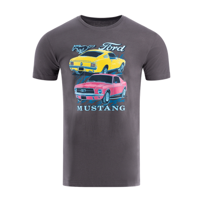 Men's gray T-shirt with a graphic print of two classic Ford Mustang cars in yellow and red, and the text 'Ford Mustang'.