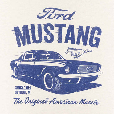 close up of ford mustang logo in blue with 1964 muscle car on cream background
