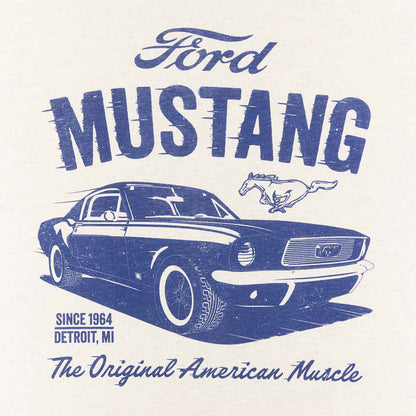 close up of ford mustang logo in blue with 1964 muscle car on cream background