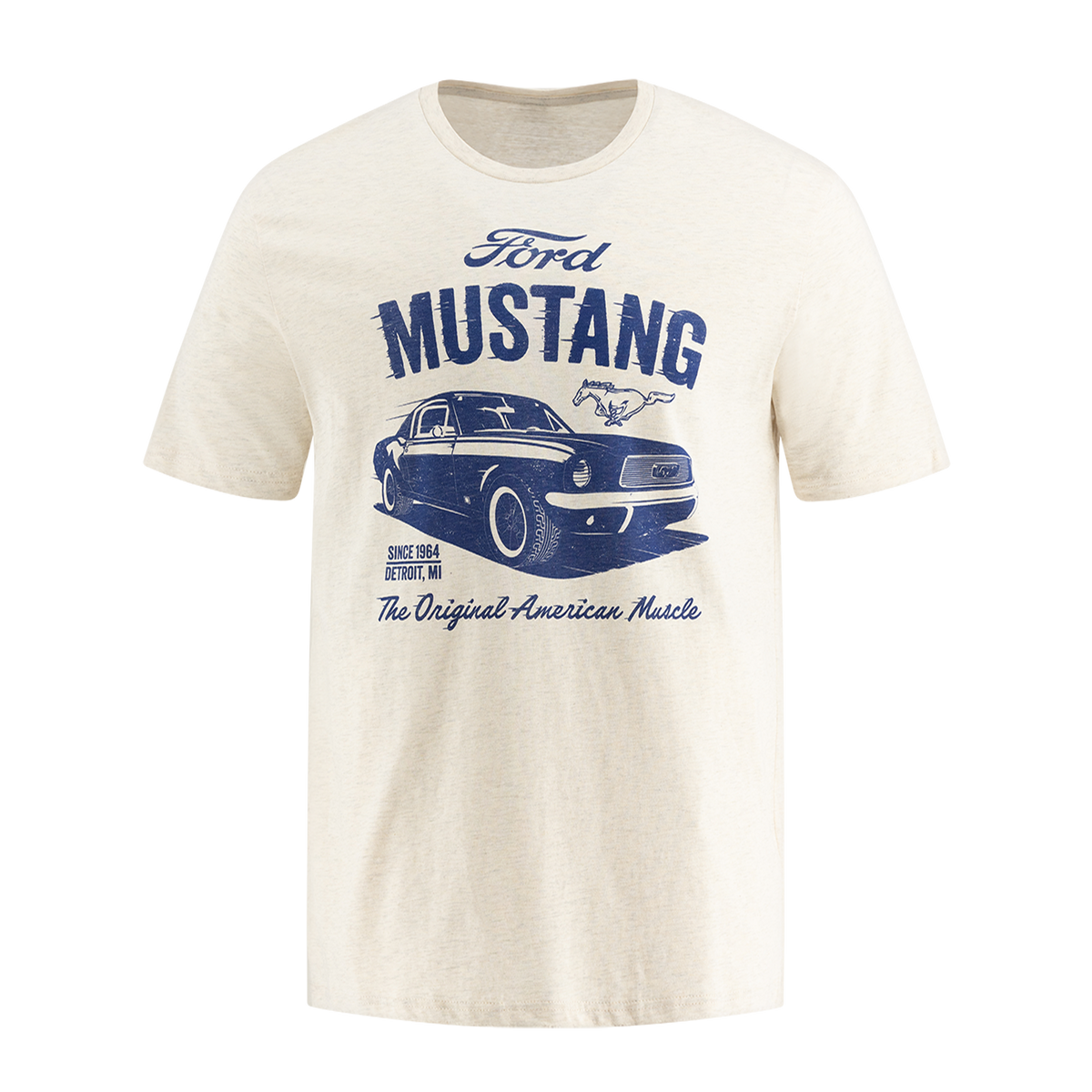 Men's white T-shirt with a graphic print of a Ford Mustang and the text 'The Original American Muscle'.