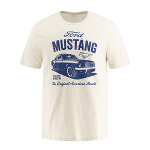 Men's white T-shirt with a graphic print of a Ford Mustang and the text 'The Original American Muscle'.