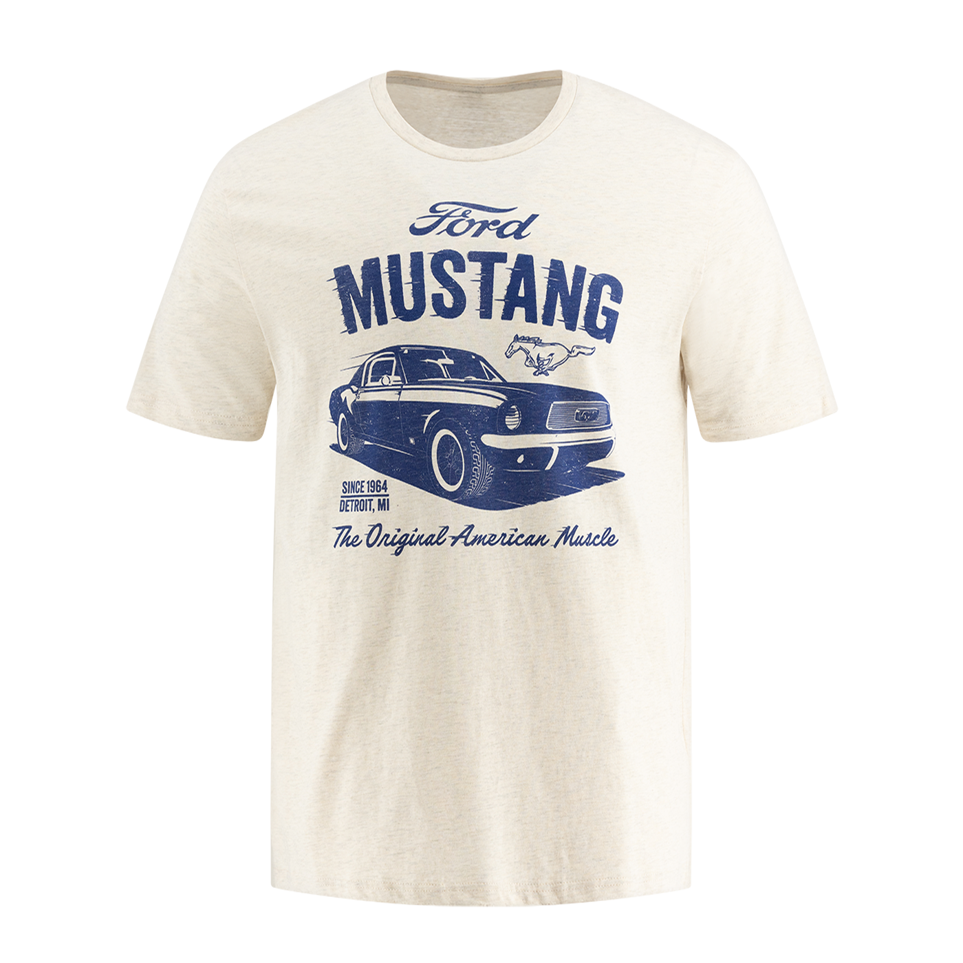 Men's white T-shirt with a graphic print of a Ford Mustang and the text 'The Original American Muscle'.
