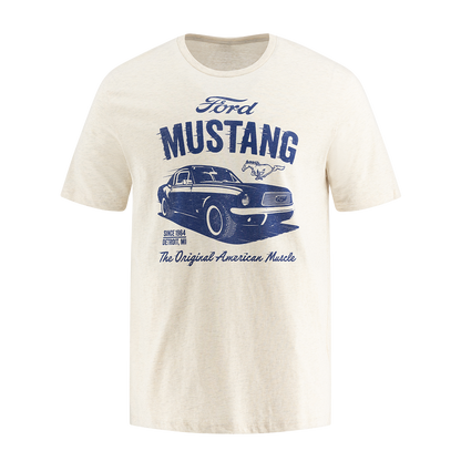 Men's white T-shirt with a graphic print of a Ford Mustang and the text 'The Original American Muscle'.