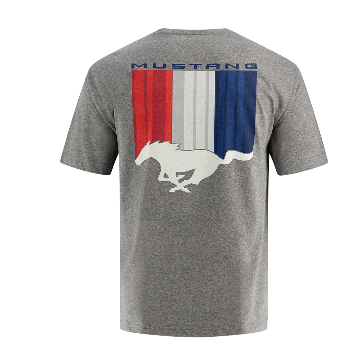 Men's gray Ford Mustang T-shirt with the pony logo and stripes in red, white, and blue on the back.