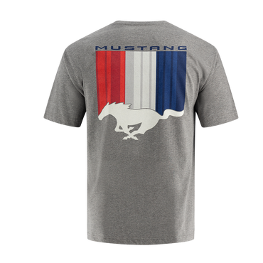 Men's gray Ford Mustang T-shirt with the pony logo and stripes in red, white, and blue on the back.