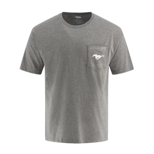 Men's gray Ford Mustang T-shirt with the pony logo and stripes in red, white, and blue on the back.