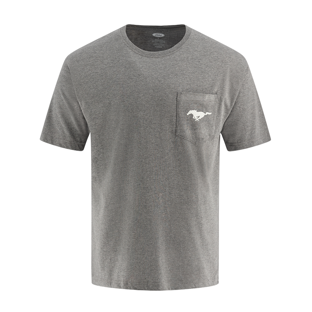 Men's gray Ford Mustang T-shirt with the pony logo and stripes in red, white, and blue on the back.