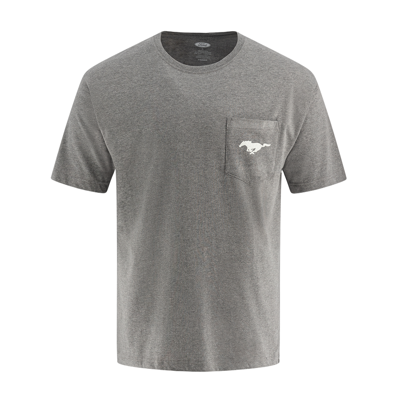 Men's gray Ford Mustang T-shirt with the pony logo and stripes in red, white, and blue on the back.