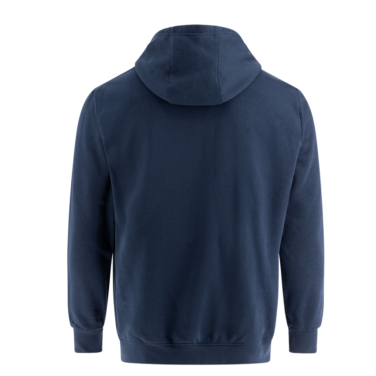Navy blue hoodie shown from the back on a white background.