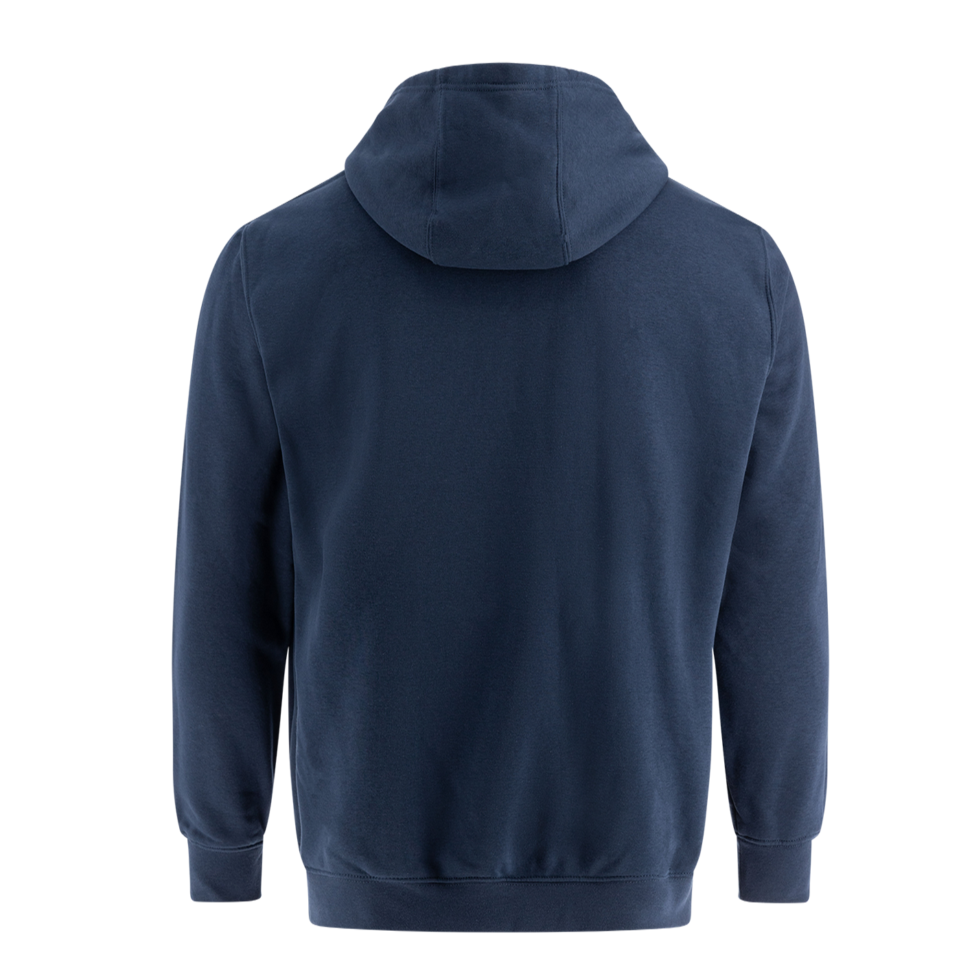 Navy blue hoodie shown from the back on a white background.