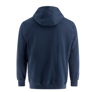 Navy blue hoodie shown from the back on a white background.