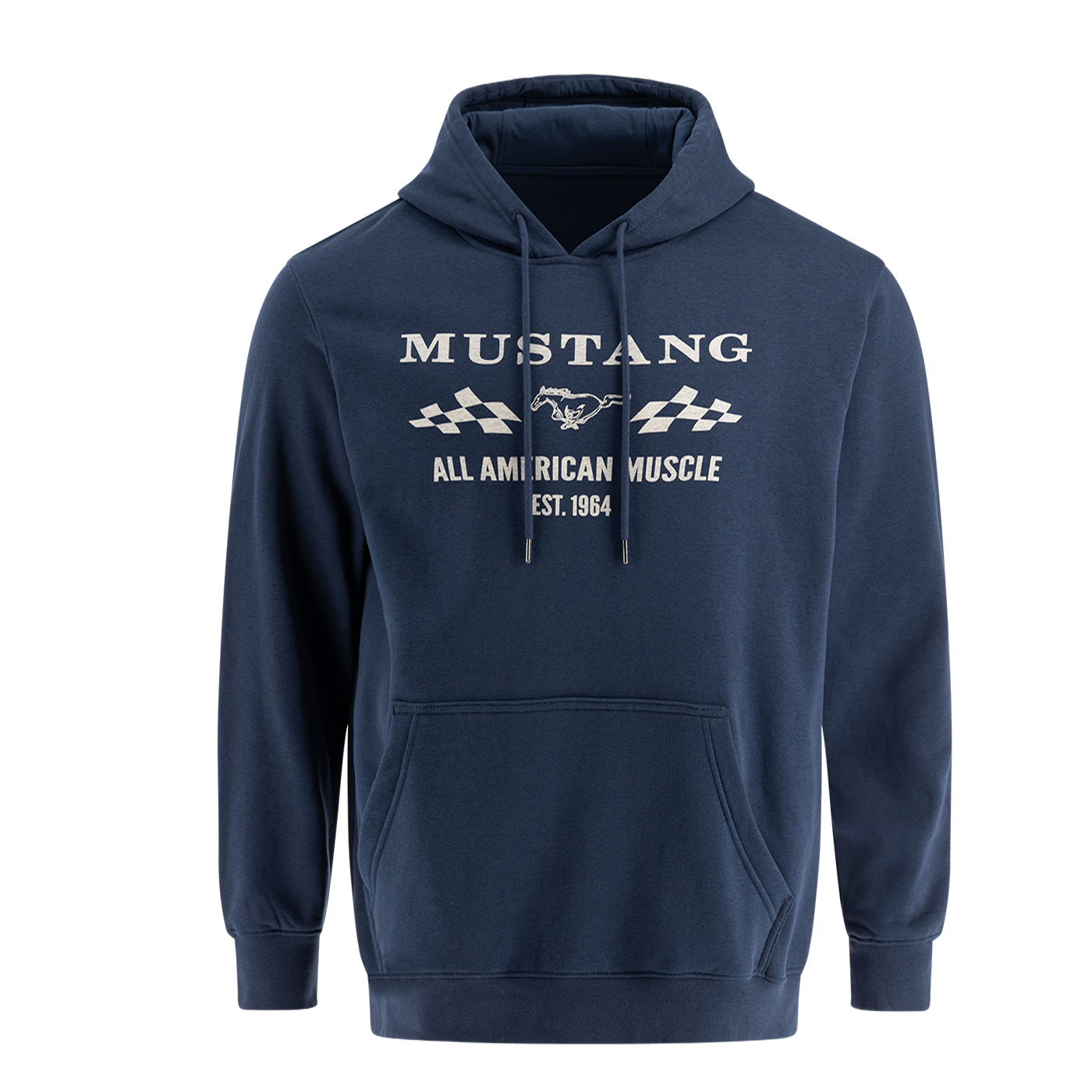 A navy blue hooded pullover sweatshirt with 'MUSTANG All American Muscle EST. 1964' printed on the front.