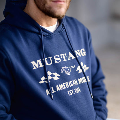 Navy blue hoodie with 'Mustang' text and logo worn by a person