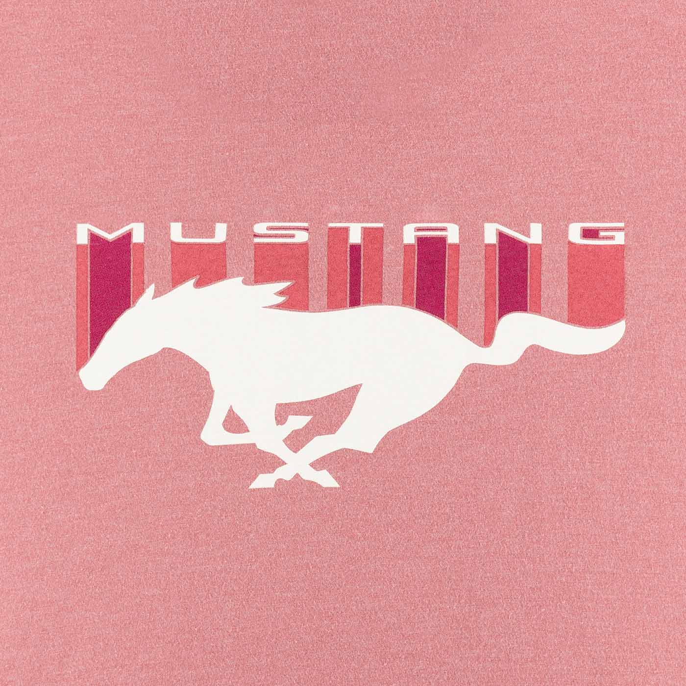 close up of white block letters with mustang and pink shadow. With a white pony logo overlay