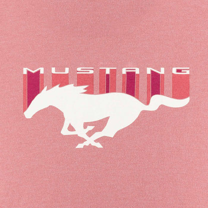 close up of white block letters with mustang and pink shadow. With a white pony logo overlay