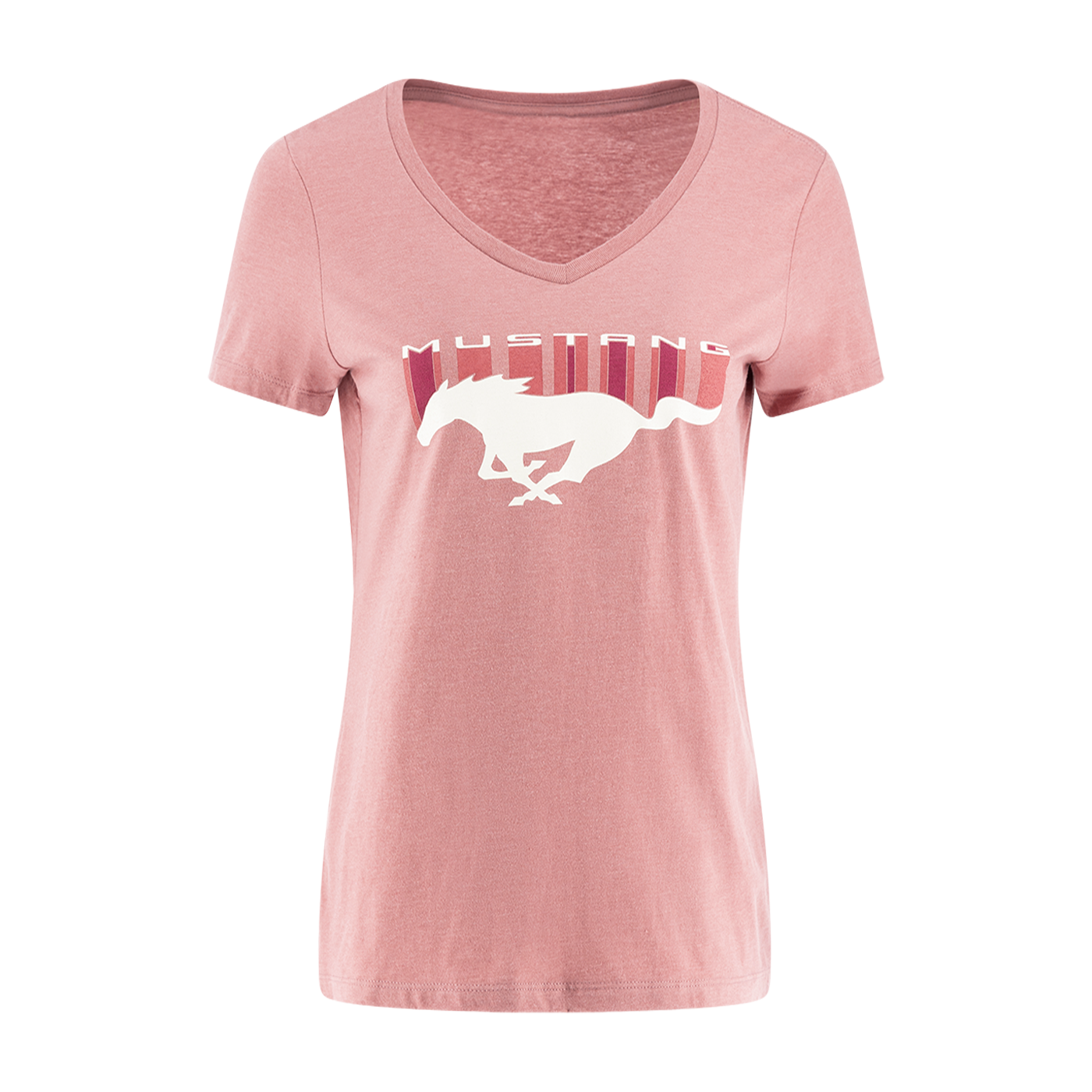 A pink women's Ford Mustang T-shirt with a white pony logo and stripes on the front.