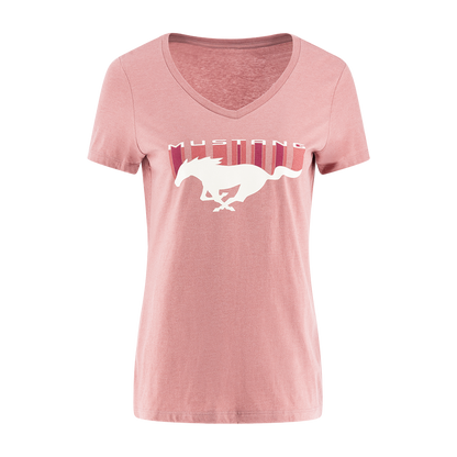 A pink women's Ford Mustang T-shirt with a white pony logo and stripes on the front.