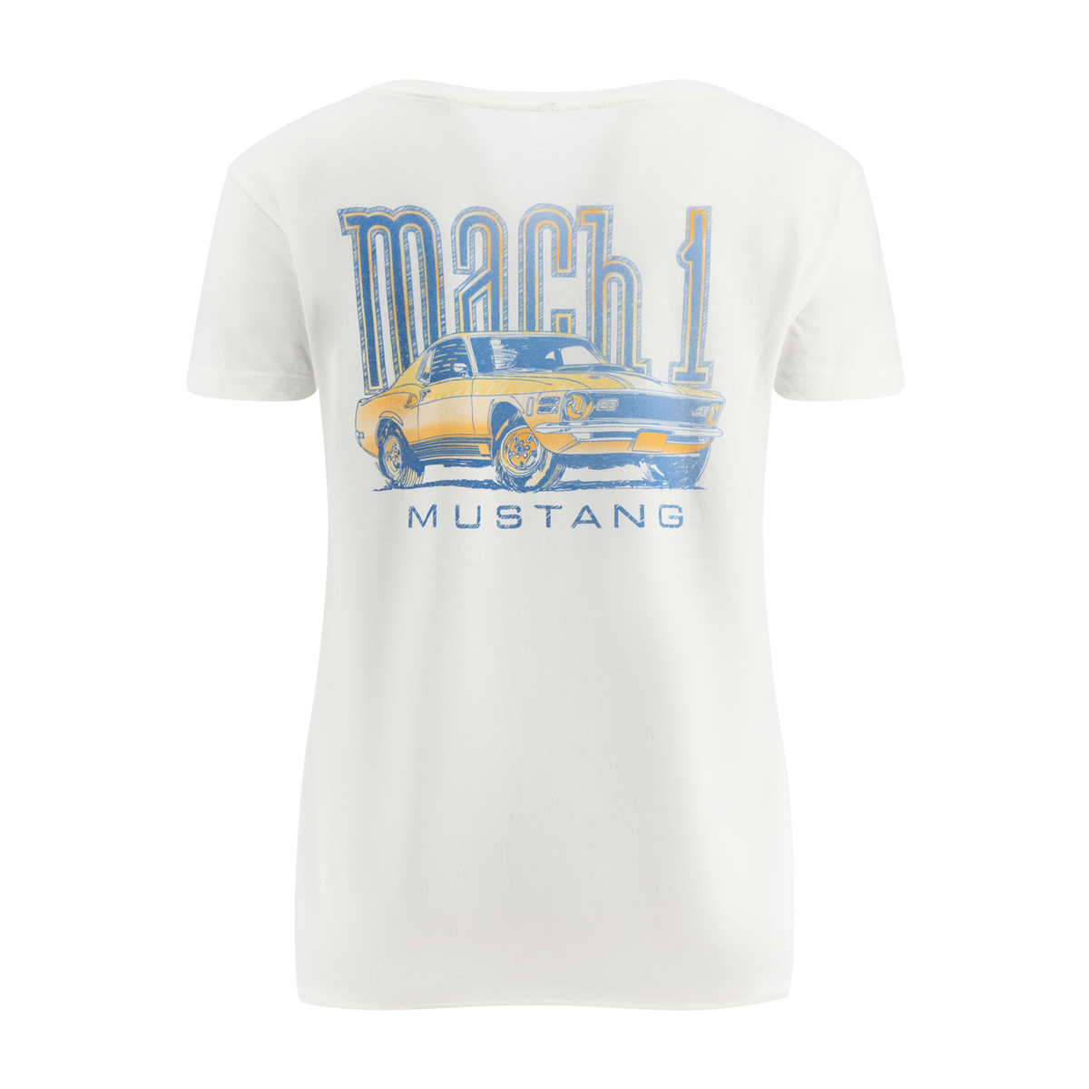 White t-shirt with a graphic of a yellow Mustang Mach 1 on a white background