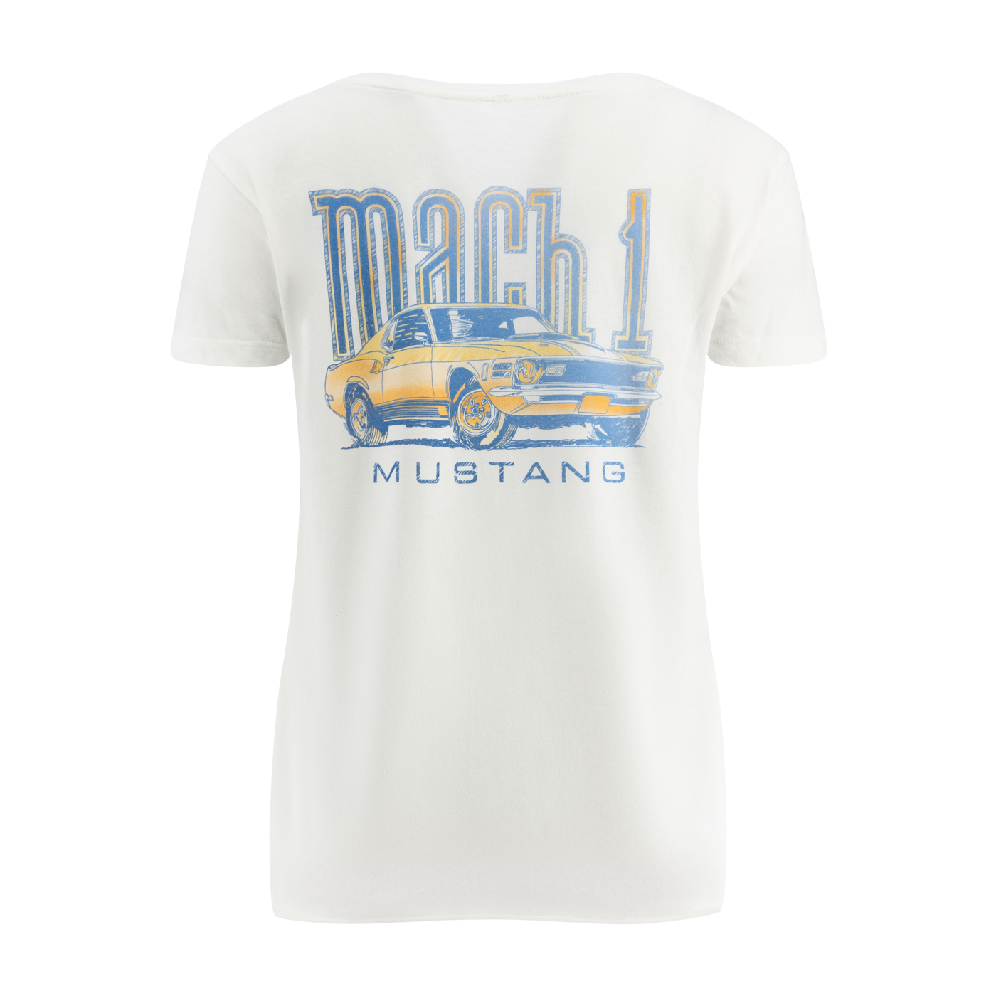 White t-shirt with a graphic of a yellow Mustang Mach 1 on a white background