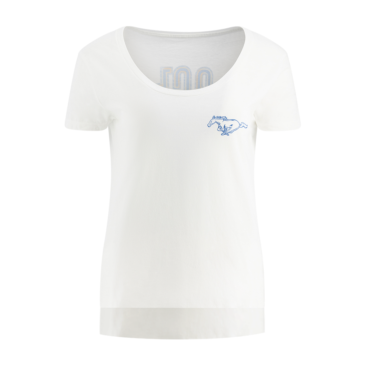 White t-shirt with a small blue logo on a white background