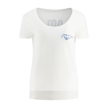 White t-shirt with a small blue logo on a white background