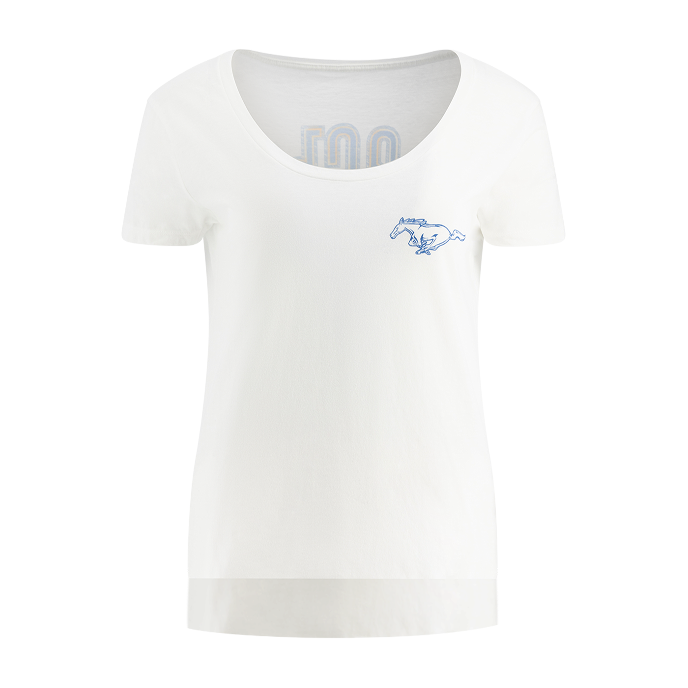 White t-shirt with a small blue logo on a white background