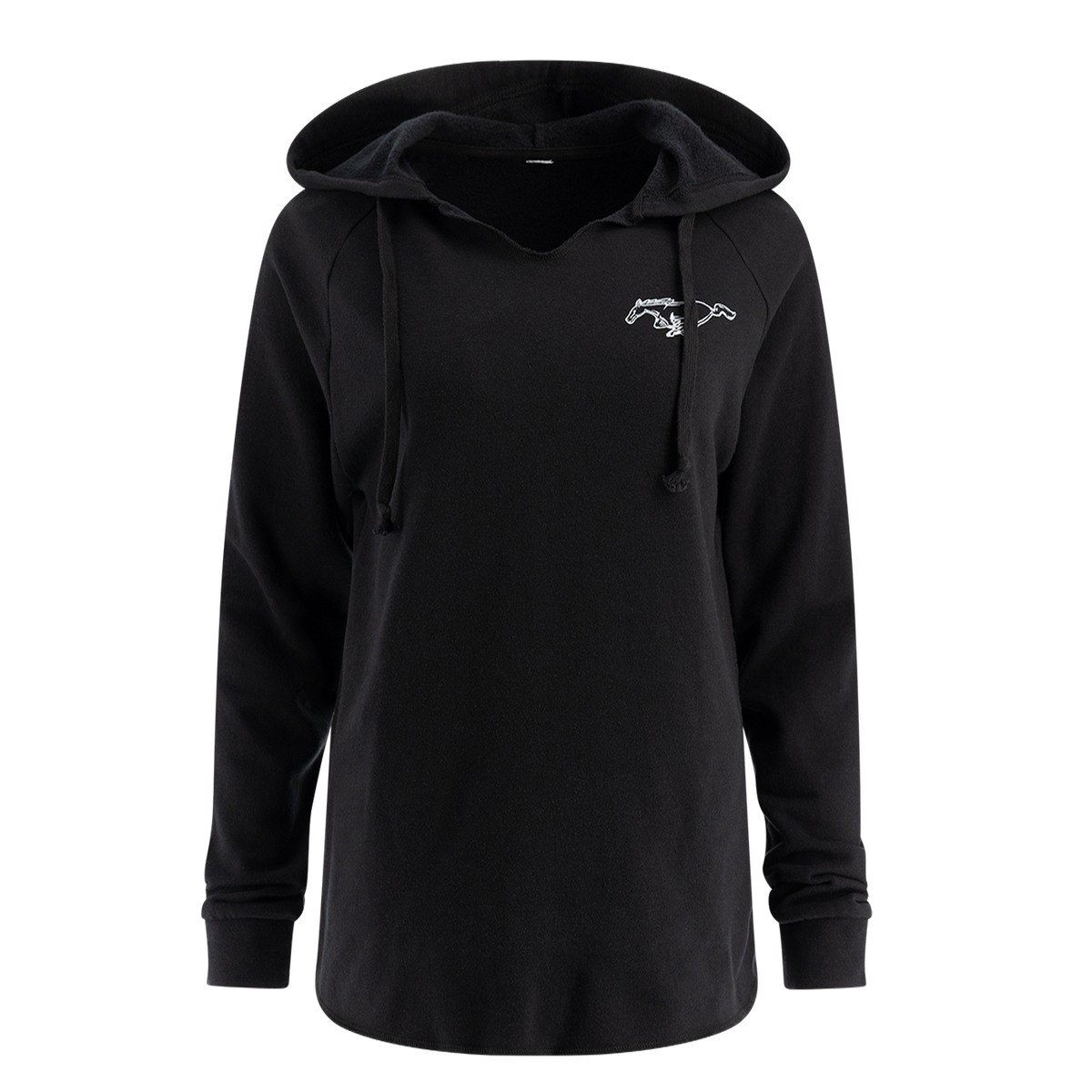 A black hooded pullover sweatshirt with a pony logo on the front.