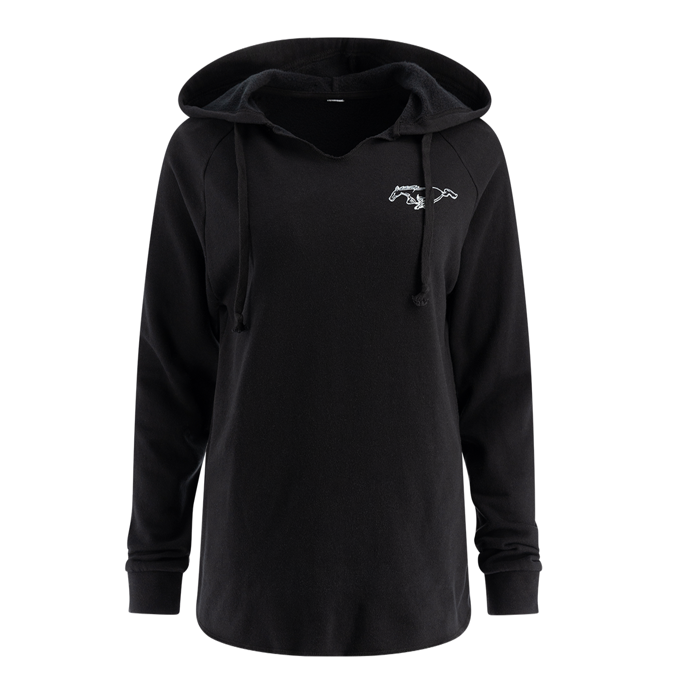 A black hooded pullover sweatshirt with a pony logo on the front.
