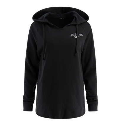 A black hooded pullover sweatshirt with a pony logo on the front.