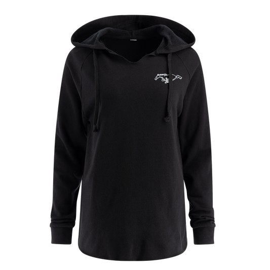 A black hooded pullover sweatshirt with a pony logo on the front.