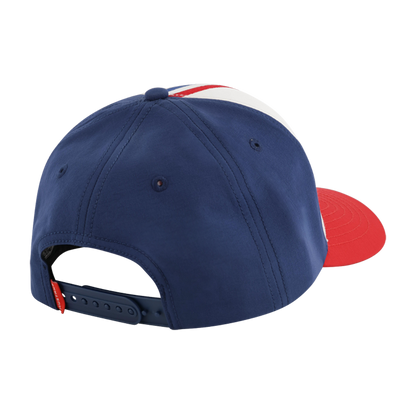 Blue cap with red and white accents on a white background