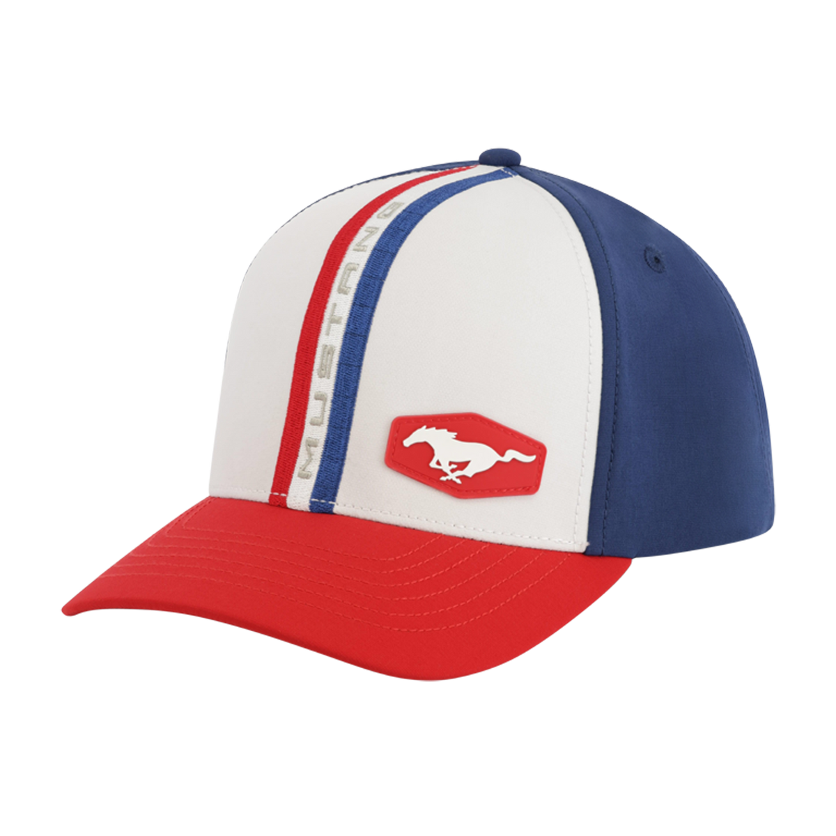 Cap with red, white, and blue design on a white background