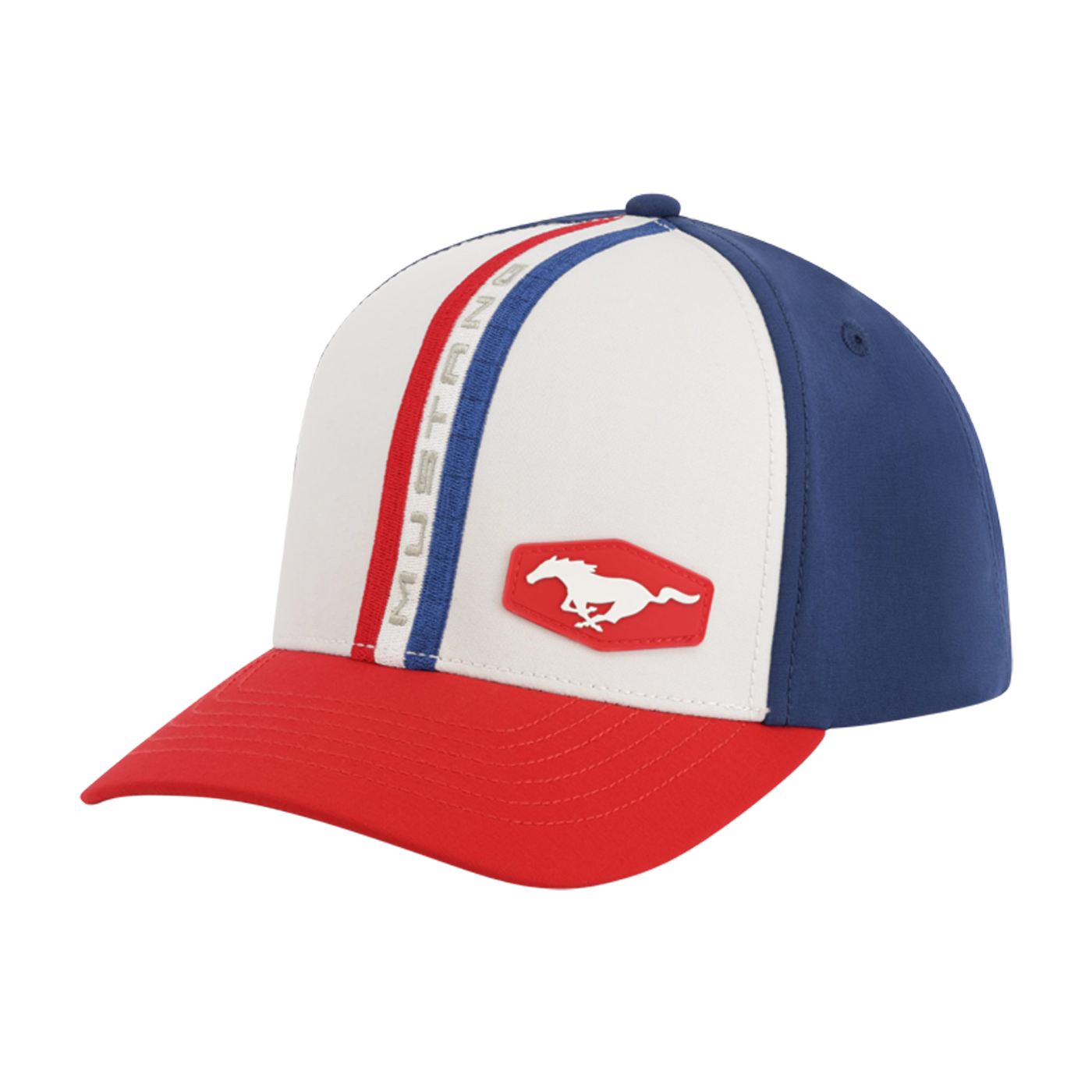 Cap with red, white, and blue design on a white background