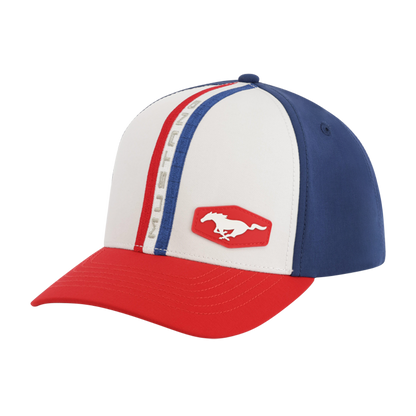 Cap with red, white, and blue design on a white background