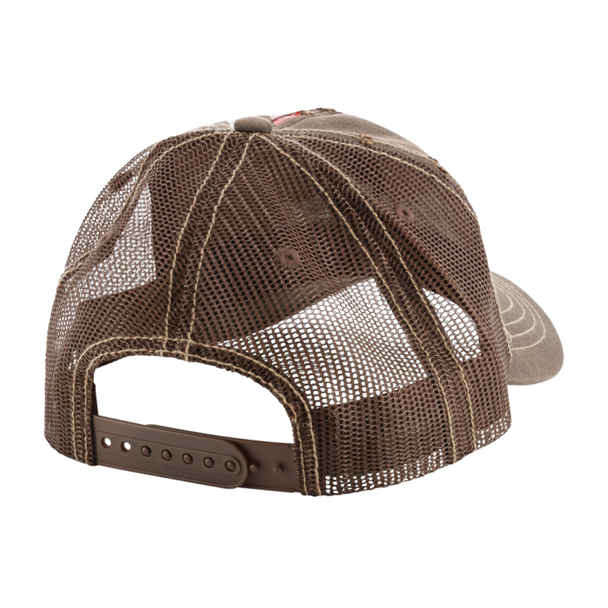 Brown mesh cap with leather brim on a white background
