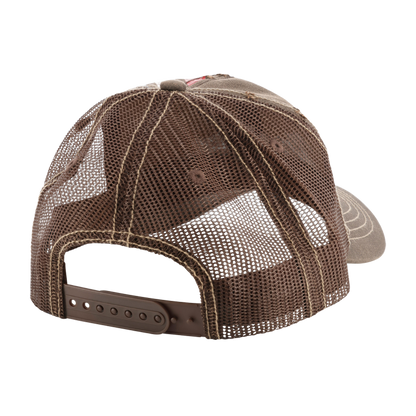 Brown mesh cap with leather brim on a white background